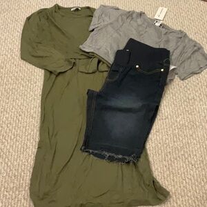 Maternity Bundle Green Dress and Gray Top with Black Denim Shorts